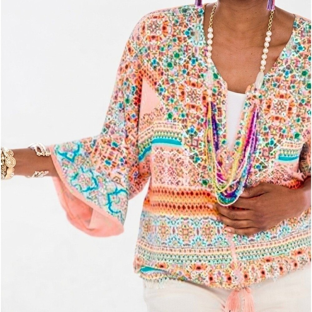 Chico’s - Orange teal geometric v-neck zip short sleeve Top- Cardigan sz 0